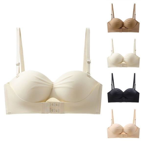 Gymayou Women Strapless Invisible Push Up Bra No Slip Clear Backless Padded Adjustment Bra Front Back Hook Closure Full Cup Smooth Seamless Lingeries Beige L