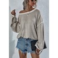 thumbnail image 4 of Contrast Stitching Relaxed Knit Sweater Fringe Vertical Back Taupe Top for Women Khaki Medium, 4 of 5