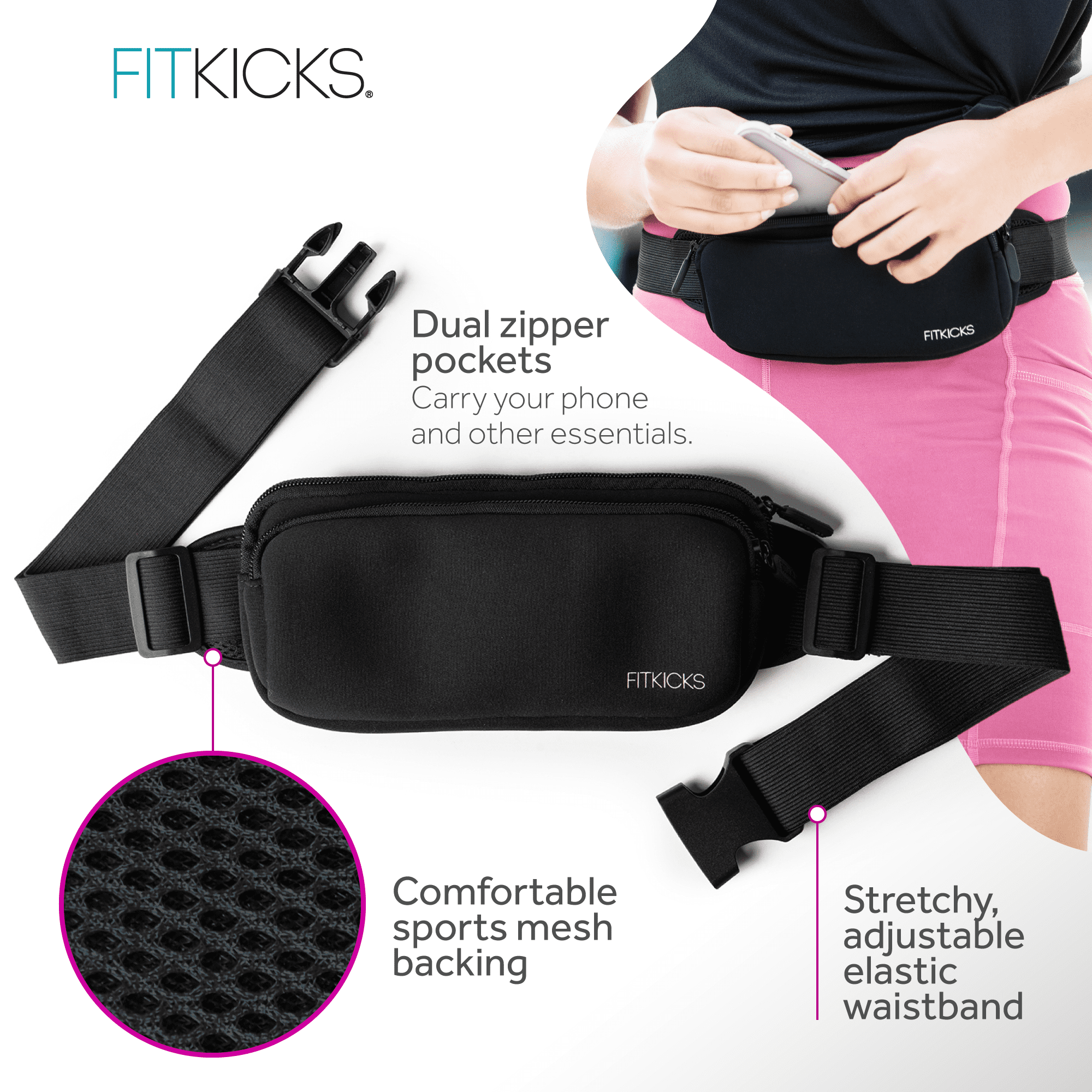 FITKICKS FITZIP Belt Crossbody Bag Fanny Pack Waist Pouch with Adjustable Strap, Black (Unisex)