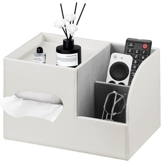 PU Leather Tissue Box Cover Square, Tissue Box Holder Organizer with Storage Tray and Remote Control Holder for Bathroom Countertop Night Stands Bedroom Office Desk, Napkin Caddy Decorative White