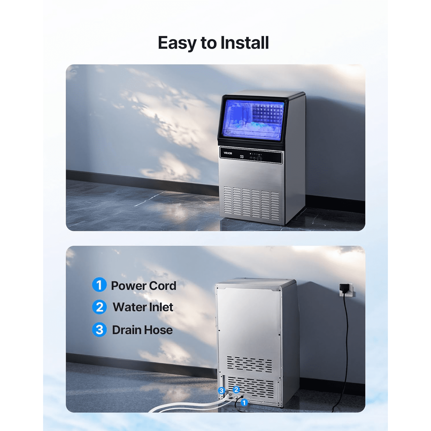Urday Commercial Ice Maker Machine, 130 lbs/24h High Yield with 33 lbs Storage, 45 Clear Cubes per Cycle, Stainless Steel Under Counter & Freestanding Ice Machine for Home, Bar, Cafe, Restaurant