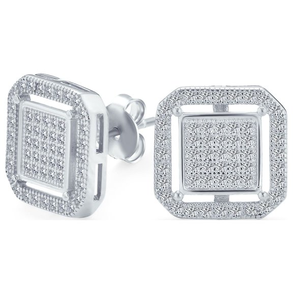 Bling Jewelry Mens .925 Sterling Silver Micro Pave CZ Double Box Square Stud Earrings 12MM Rhodium Plated