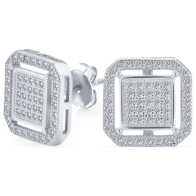 Geometric Rounded Square Double Box Cubic Zirconia Pave CZ Stud Earrings for Men .925 Sterling Silver 12MM