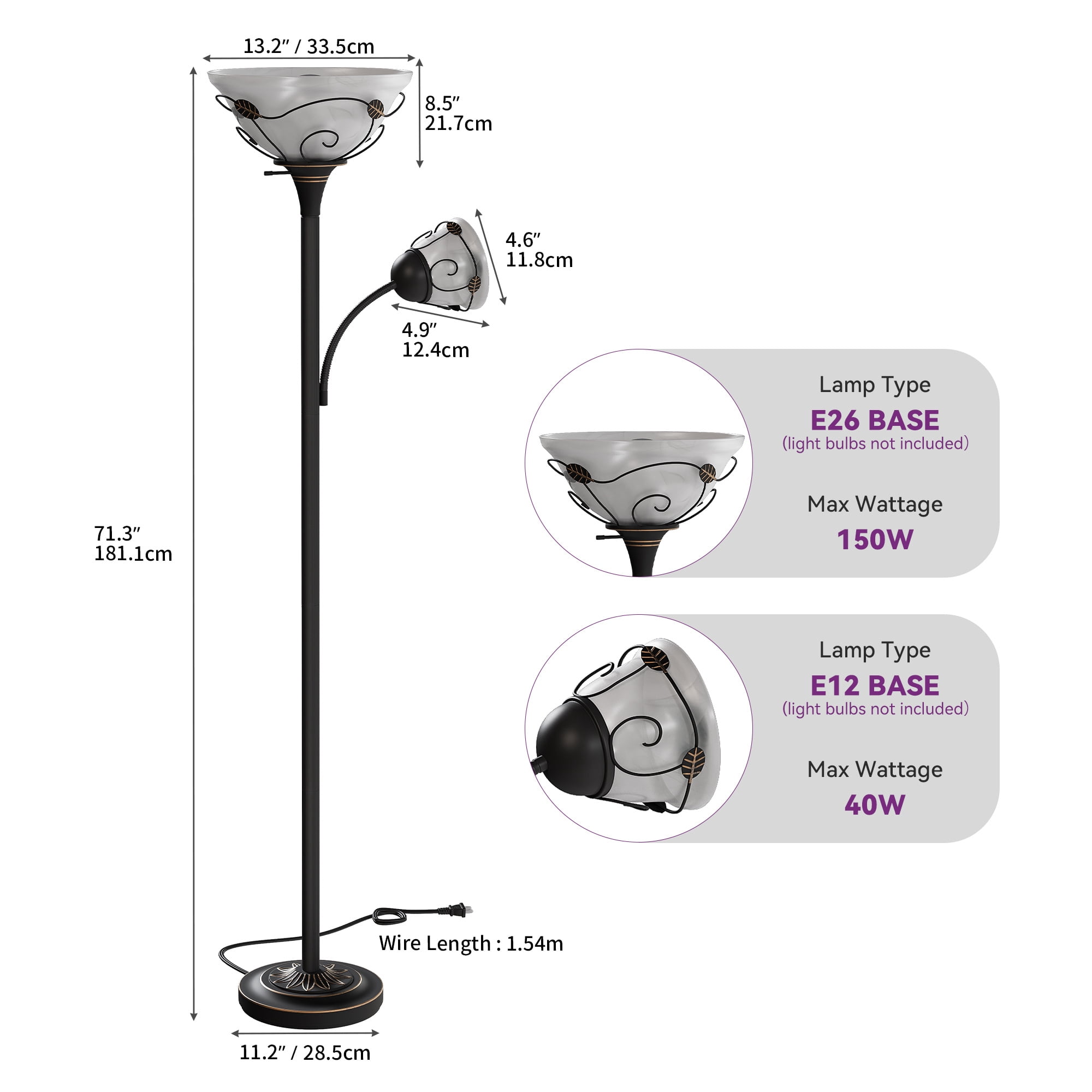 Uforic 71'' Traditional Torchiere Floor Lamp, Hand-Painted Bronzed Pattern with 3-Way Switch & Alabaster Glass Shades(Light bulbs not included)