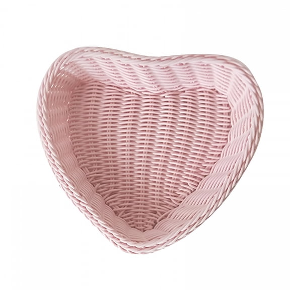 ACDANC Handwoven Basket Heart Shaped Storage Basket Kitchen Organizer Storage Bin Imitation Rattan Basket for Dining Table Farmhouse Pink