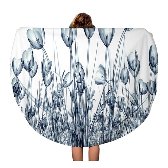 LADDKA 60 inch Round Beach Towel Blanket Blue X Ray of Flower White The Crocus 3D Travel Circle Circular Towels Mat Tapestry Beach Throw