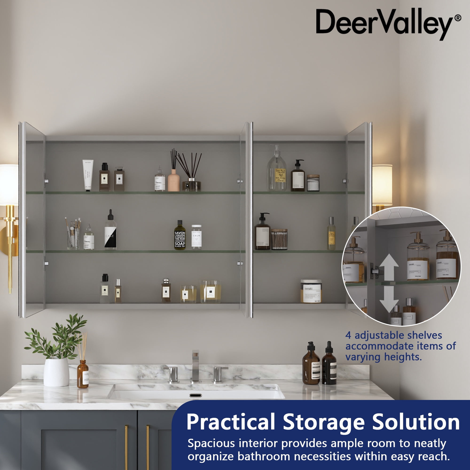 DV-1MC0149 48'' W x 26'' H Surface Mount Frameless 3 Door Medicine Cabinet and 2 Adjustable Shelves