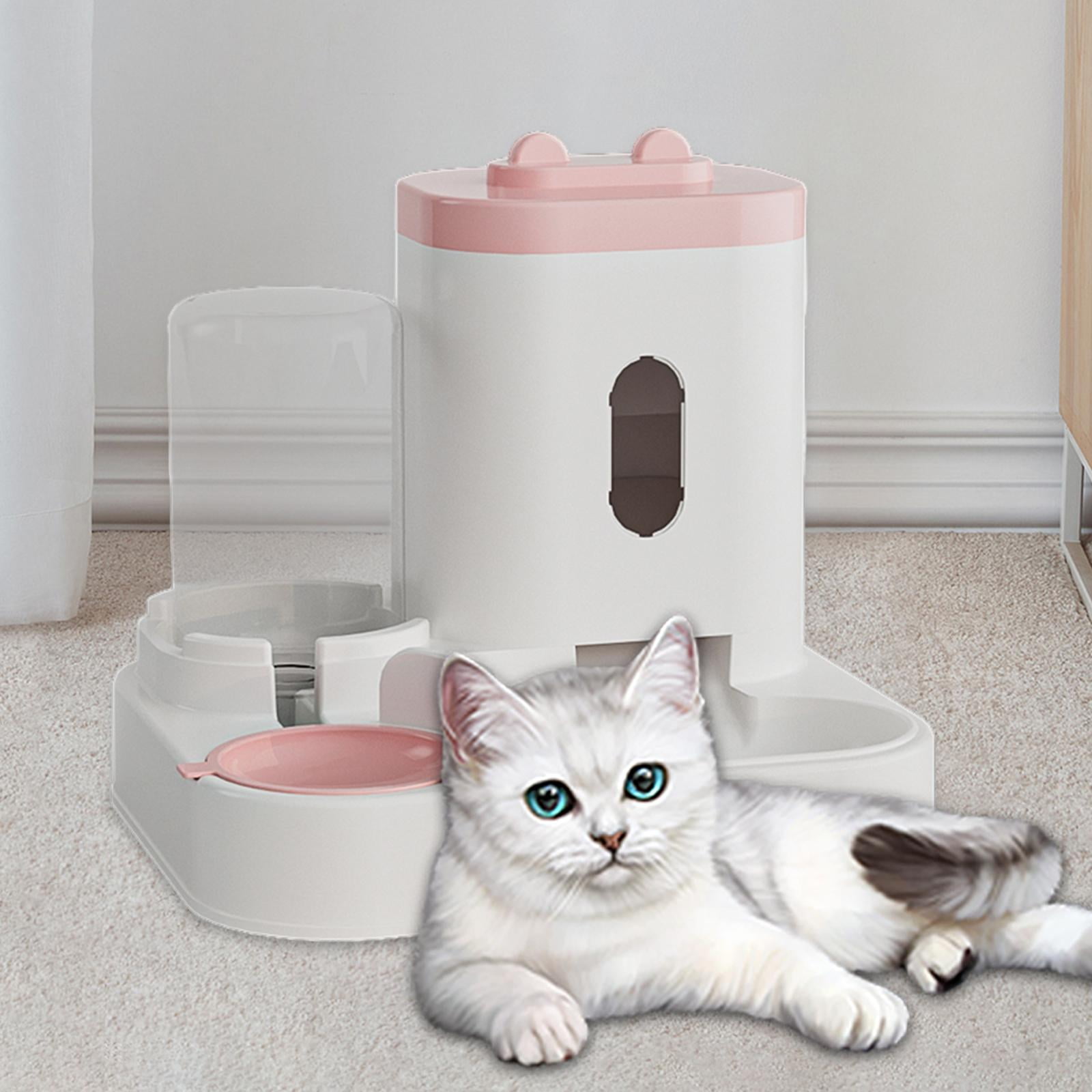 FITYLE 2 in 1 Automatic Pet Feeder Cat Food Dog Water Bowl Double Bowl Dry and Wet Separation Durability Puppy Water Dispenser for Home Pink