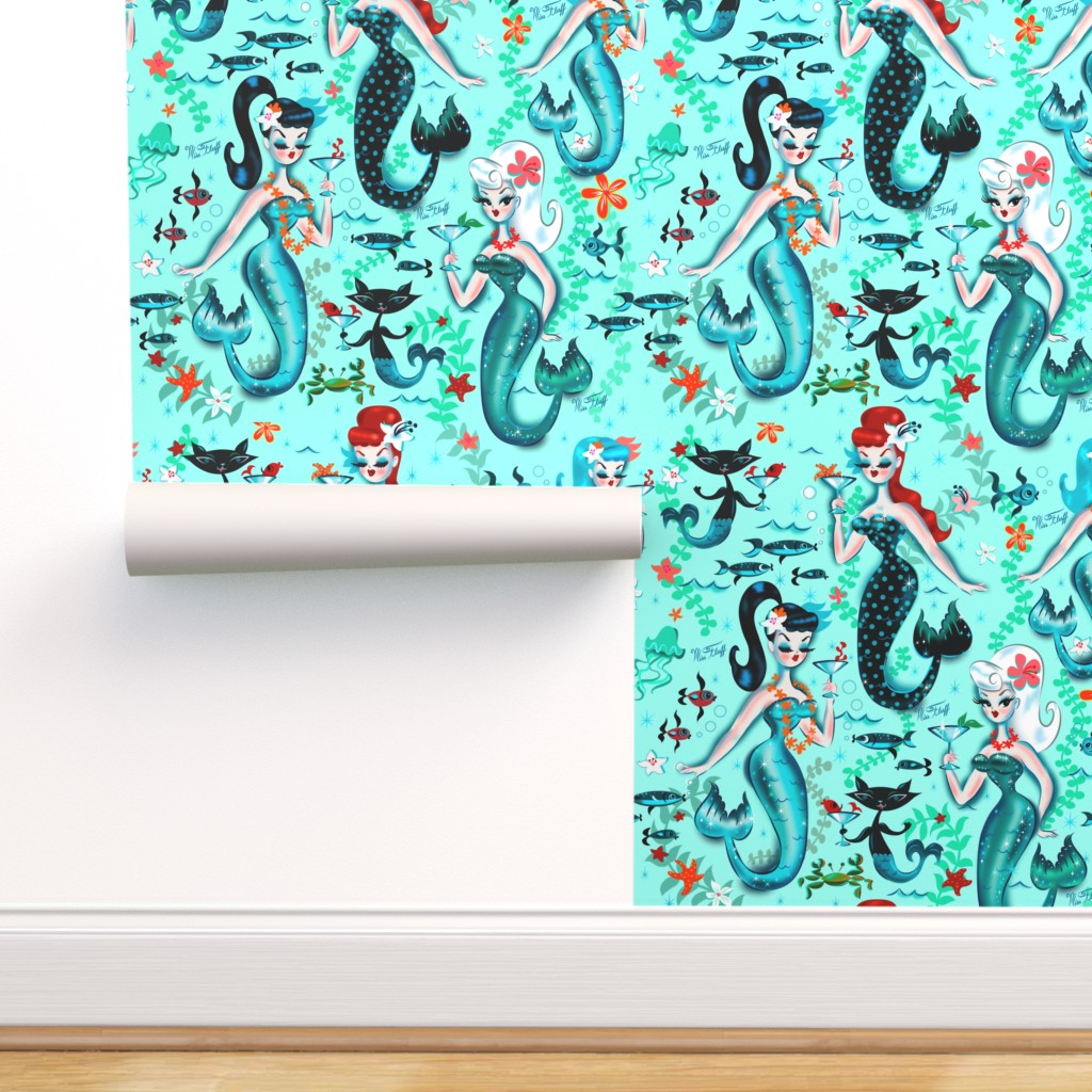 Retro, Mermaids Martini Removable Water-Activated Wallpaper Midcentury Mod