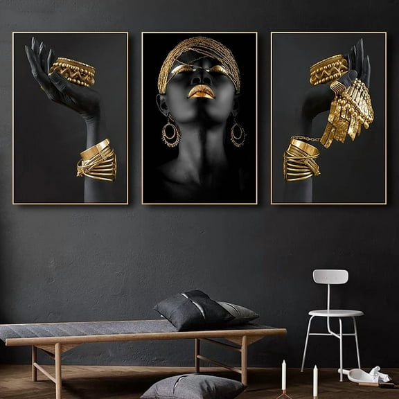 3pcs Beautiful African Woman Wall Decals - Golden Jewelry Canvas Painting Posters for Home Bedroom Living Room Decor - No Frame Needed