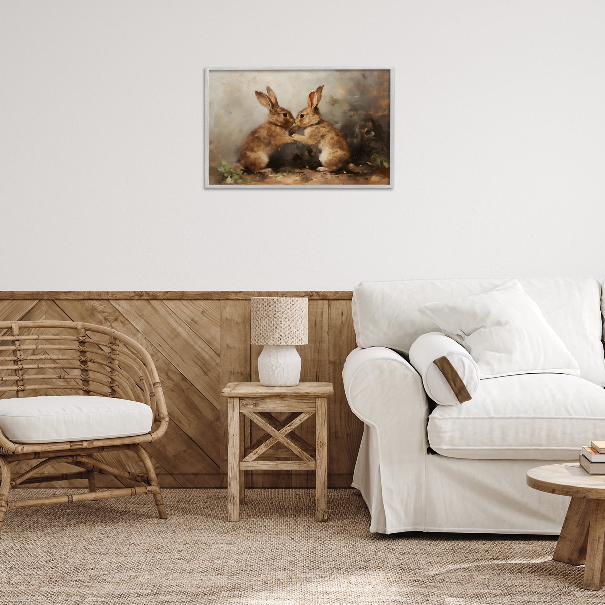Stupell Industries Bunny Boxing Duo Animals & Insects Painting Gray Framed Art Print Wall Art, 24 x 16