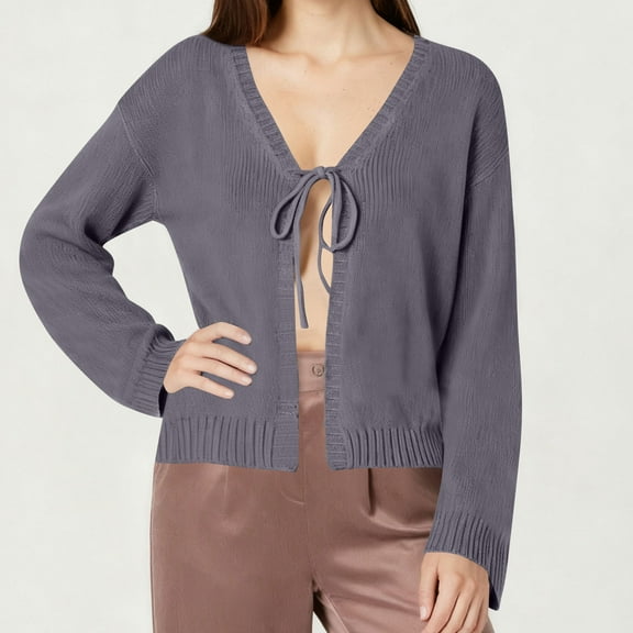 Roncen Women's Casual Long Sleeve Cardigan Sweater - Tie-Waist Lightweight Knit Open Front Cozy Loungewear for Fall and Winter