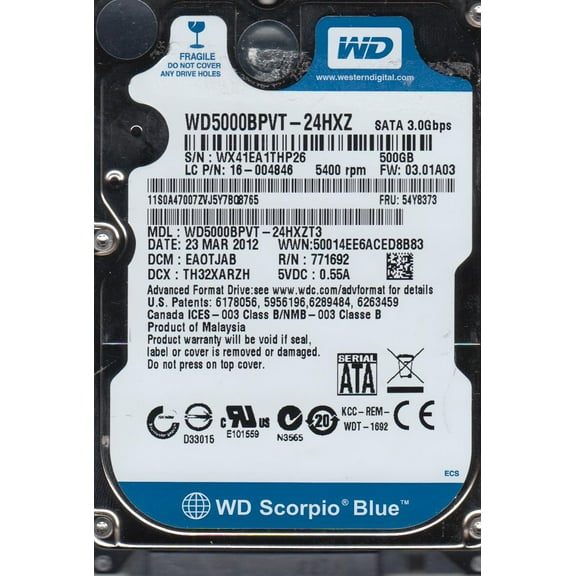 WD5000BPVT-24HXZT3, DCM EAOTJAB, Western Digital 500GB SATA 2.5 Hard Drive