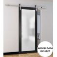 thumbnail image 5 of Sturdy Barn Door Frosted Tempered Glass | Planum 2102 Matte Black | 6.6FT Silver Rail Hangers Heavy Hardware Set | Modern Solid Panel Interior Doors -24" x 84"-Silver Rail, 5 of 6