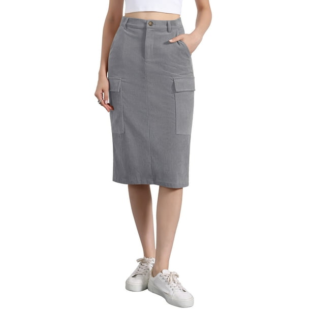 Falda Midi de Mujer Inspire Chic de Cintura Alta con Espalda Elástica de Pana XS Gris