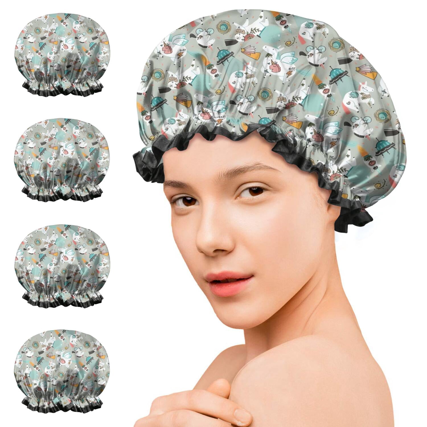 Shower Caps,Fantasy Unicorn Pattern Waterproof Shower Cap for Women 4 Pieces,Double Reusable Hair Cover for Shower PEVA Elastic Stretch Hem