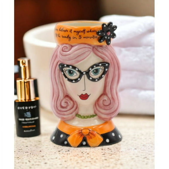 Ceramic Pink Hair Lady Makeup Brush Holder 3.5in