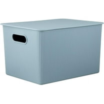 Superio Plastic Storage Bin with Lid, Stone Blue, 22 Liter Large Ribbed Basket with Lid for Organizing Closet, Shelves, Plastic Storage Bin
