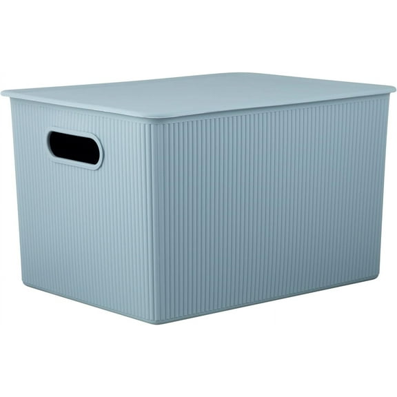 Superio Plastic Storage Bin with Lid, Stone Blue, 22 Liter Large Ribbed Basket with Lid for Organizing Closet, Shelves, Plastic Storage Bin