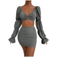 thumbnail image 2 of Puntoco 2 piezas moda mujer cuello en V sólido hueco bandag blusa de manga larga + Mini vestido conjuntos liquidación Puntoco Puntoco-1263, 2 of 9