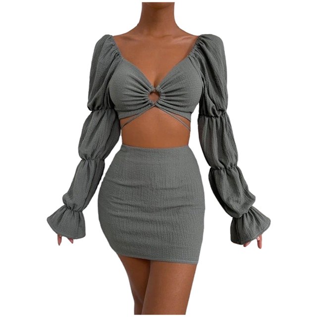Conjuntos de blusa de manga larga y minivestido con cuello en V para mujer a la moda de 2 piezas Wmkox8yi bvn777