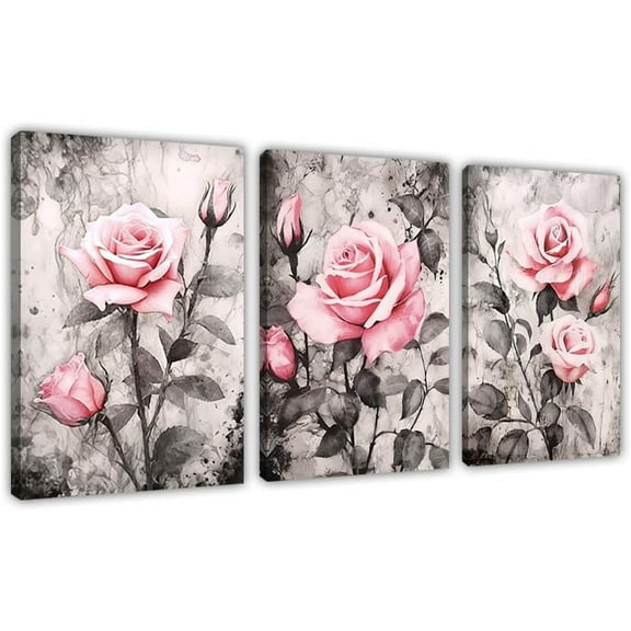 Set Rose Canvas Wall Art，Pink Flowers Paintings，Vintage Pink and Gray Floral Picture Prints，Woman Gifts Decor（Only canvas）