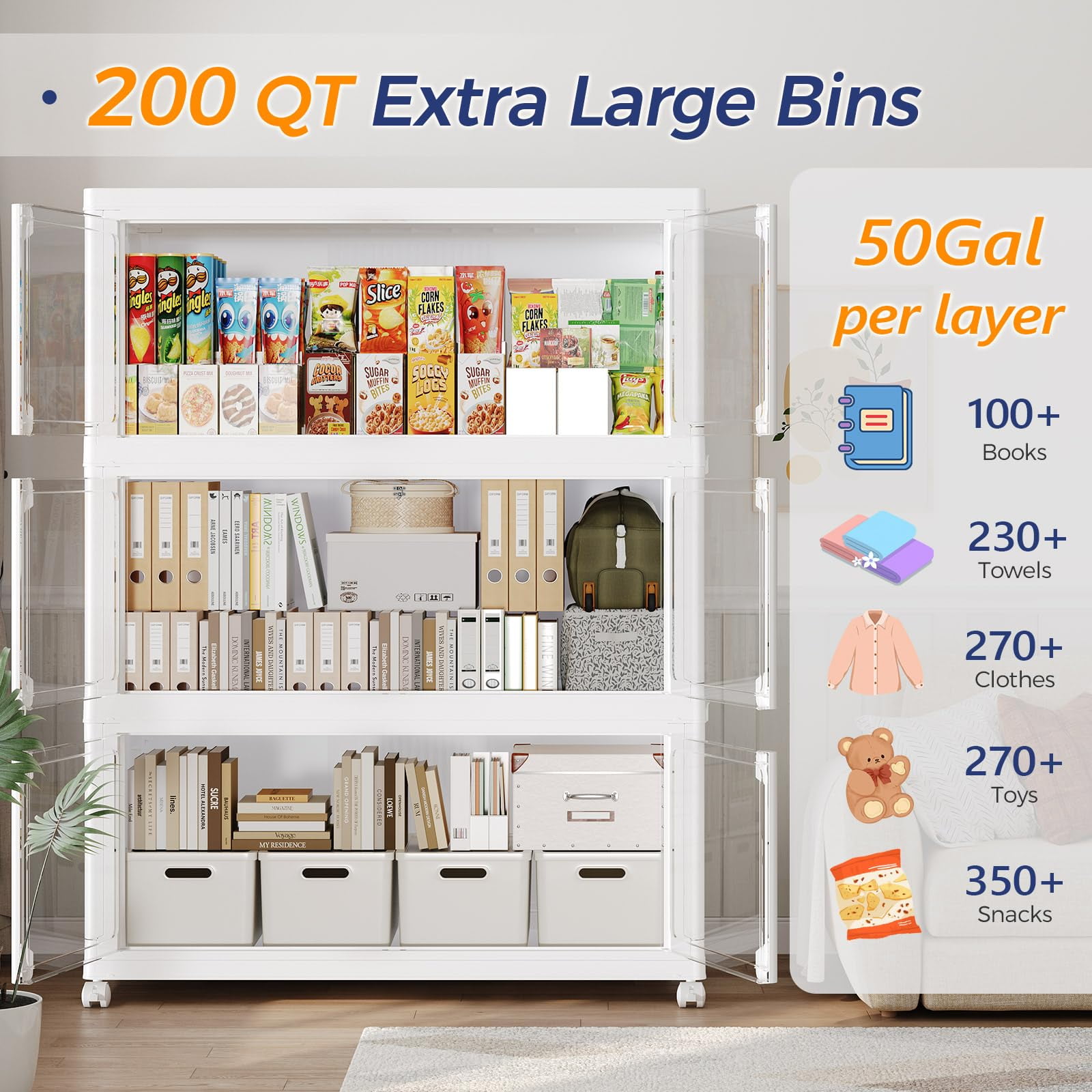 Fangtueh Large Stackable Storage Bins with Lid and Wheels,  Collapsible Foldable Box Closet Organizers, Folding Plastic Cabinet Cube Drawer for Kitchen Bedroom Living Room,White,50Gal-3Pack