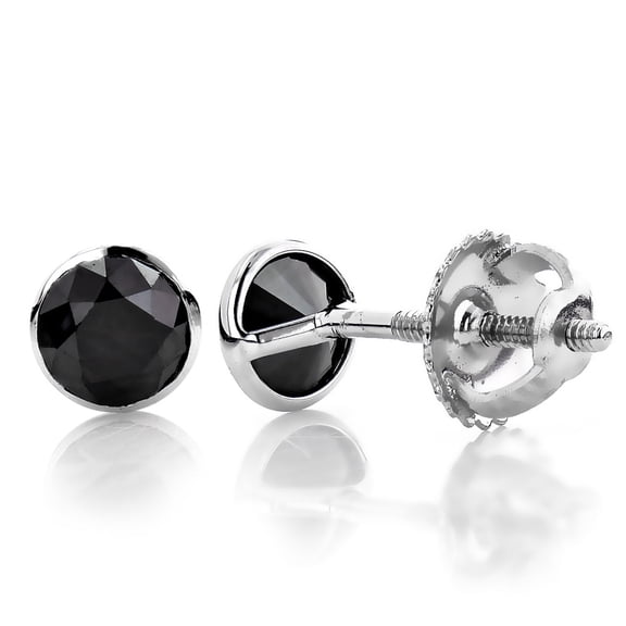 Ladies 14k Solitaire Black Round Natural 2.0 Ctw Diamond Bezel Stud Earrings (White Gold)