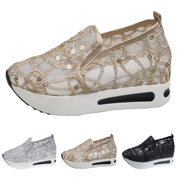 Modstep Women's Mesh Sneakers Floral Embroidery Breathable Slip on Platform Walking Shoes Outdoor Travel Sports Dressy Shoe Black 7