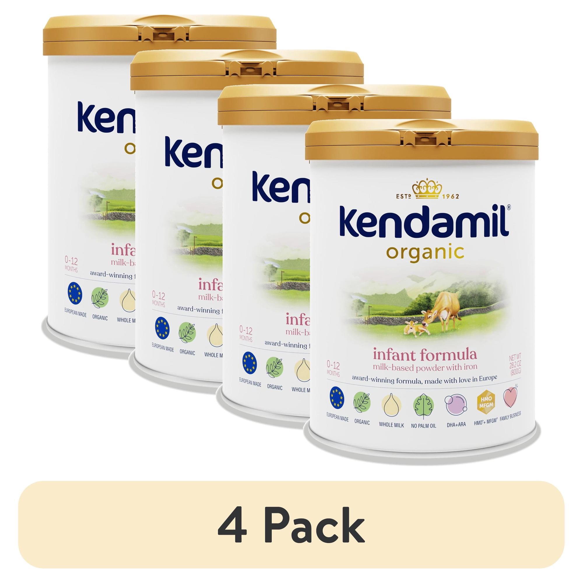 (4 pack) Kendamil Organic Whole Milk Infant Formula Powder, European with Hmos, Prebiotics, No Palm Oil, No added Soy, with DHA, Can, 28.2oz