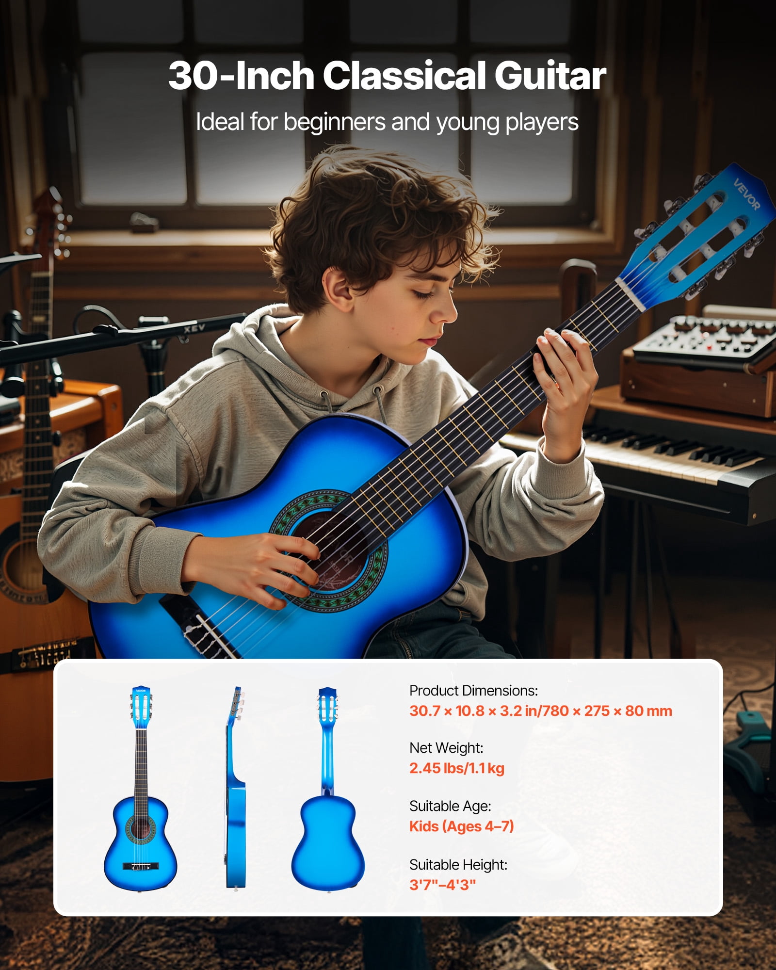 VEVOR 30in Classical Guitar, Wood Guitar Starter Kit for Beginners, with Nylon Strings, Gig Bag, Strap, Tuner, Extra Strings, Picks, Capo, Basswood, for Kids Girls Boys Students, Blue