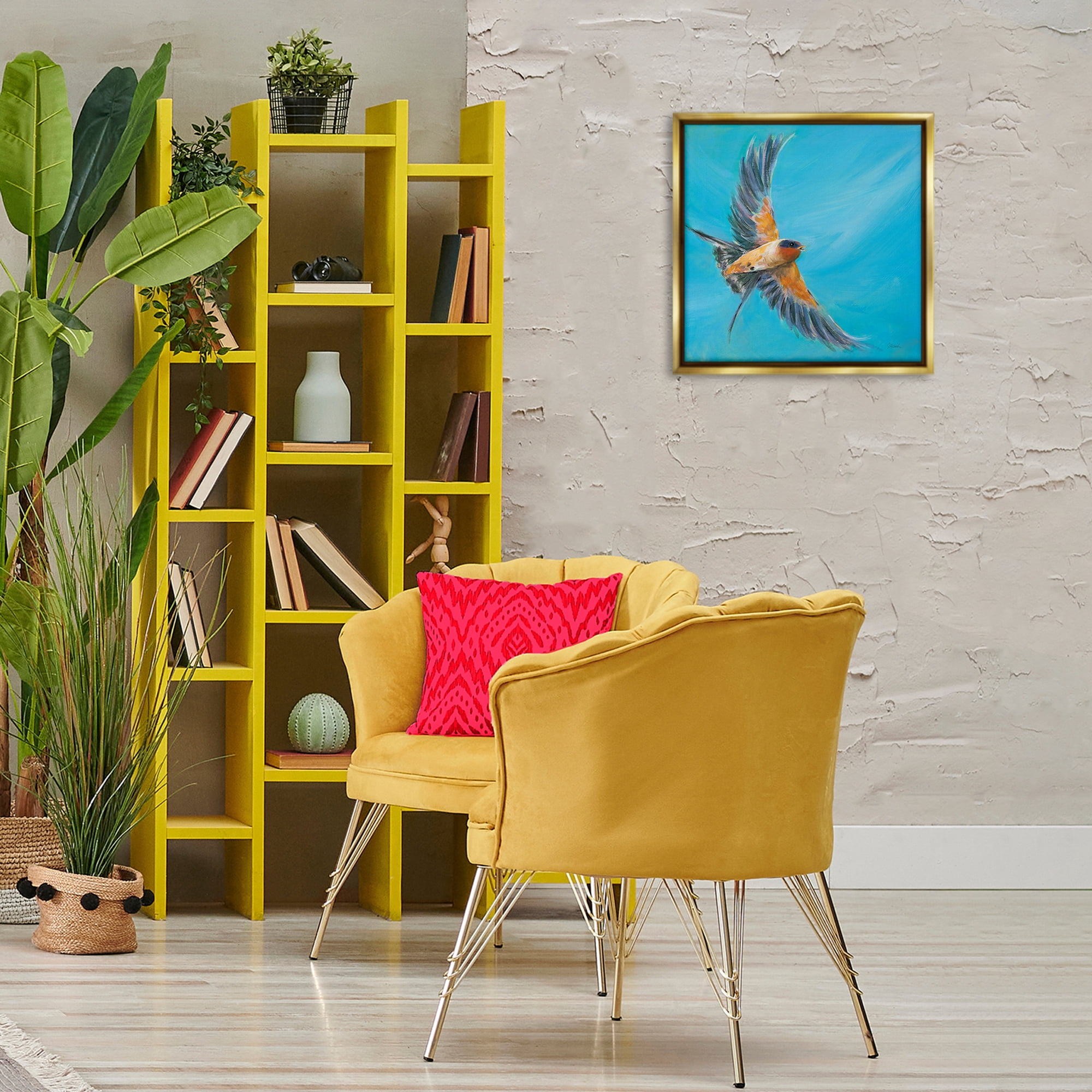 Stupell Industries Soaring Bird on Blue Animals & Insects Painting Gold Floater Framed Canvas Art Print Wall Art, 18 x 18