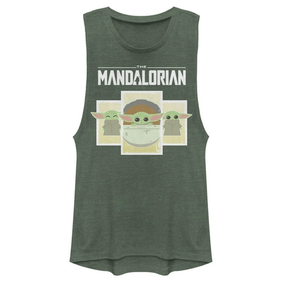 Junior's Star Wars: The Mandalorian The Child Cartoon Cards Festival Muscle Graphic Tee Pine Green Heather Small