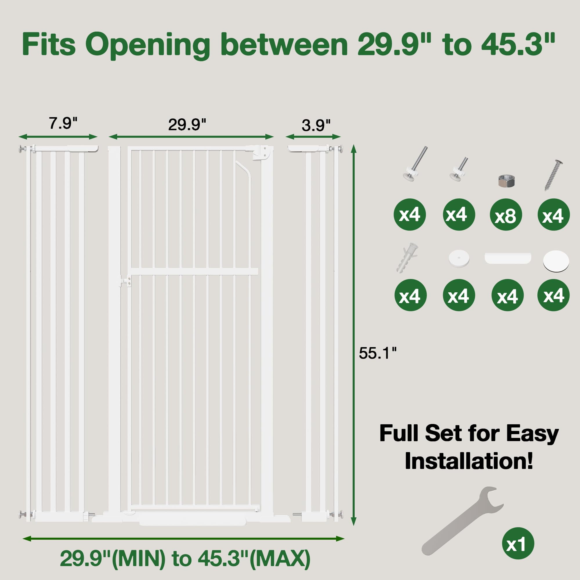 Cofiyard 55" Extra Tall Pet Gate, Dog Gate with 1.37" Gap,Adjustable 29.9"-45.3" Wide Metal Cat Gate, Auto Close Pet Gate for Doorway, No Drilling,White