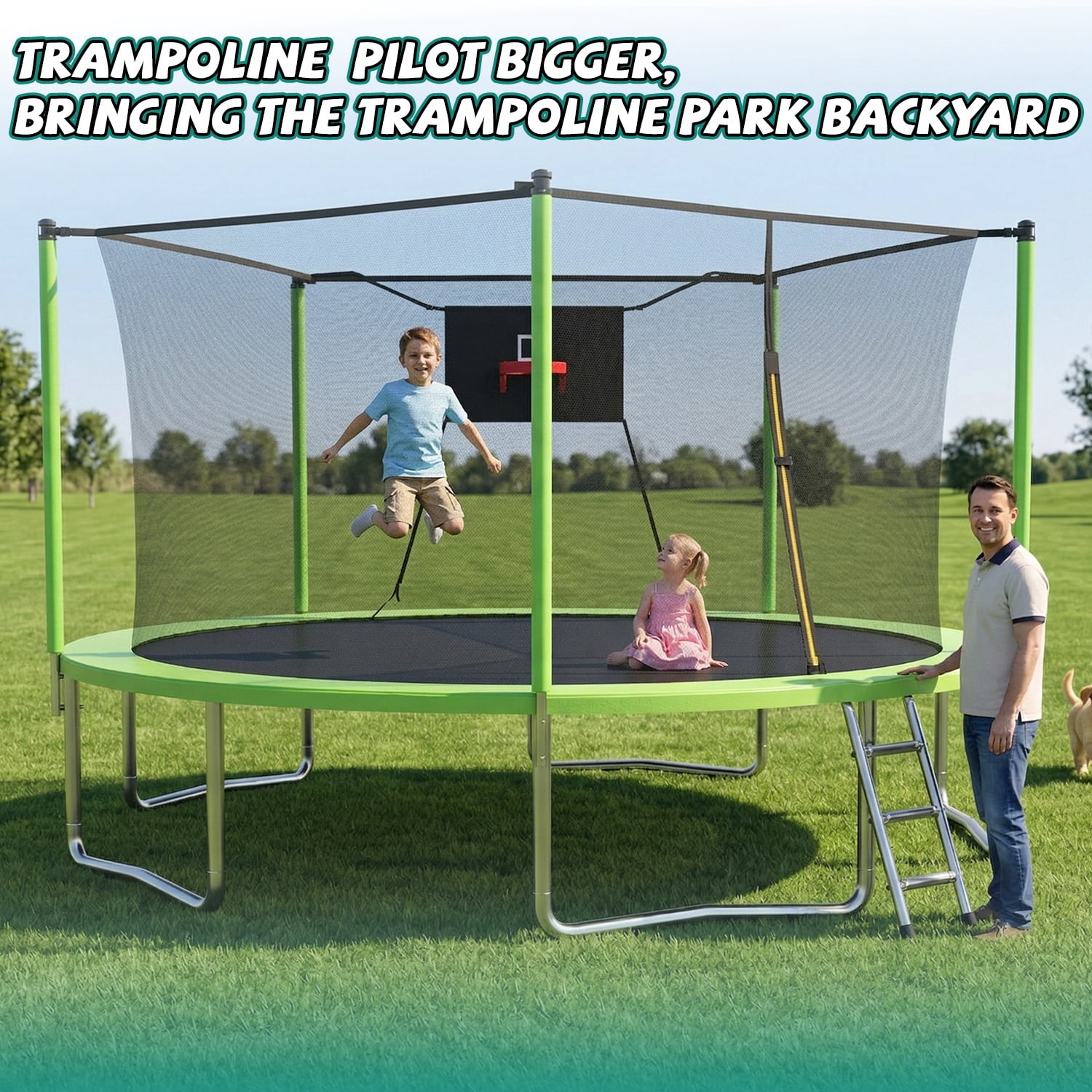 SHINPT 14ft Outdoor Trampoline for Kids, Big Trampoline with Basketball Hoop and Ladder, Heavy Duty Trampoline with Net Meets ASTM Standard, Backyard Trampoline for Adult, Large Trampoline for Gift