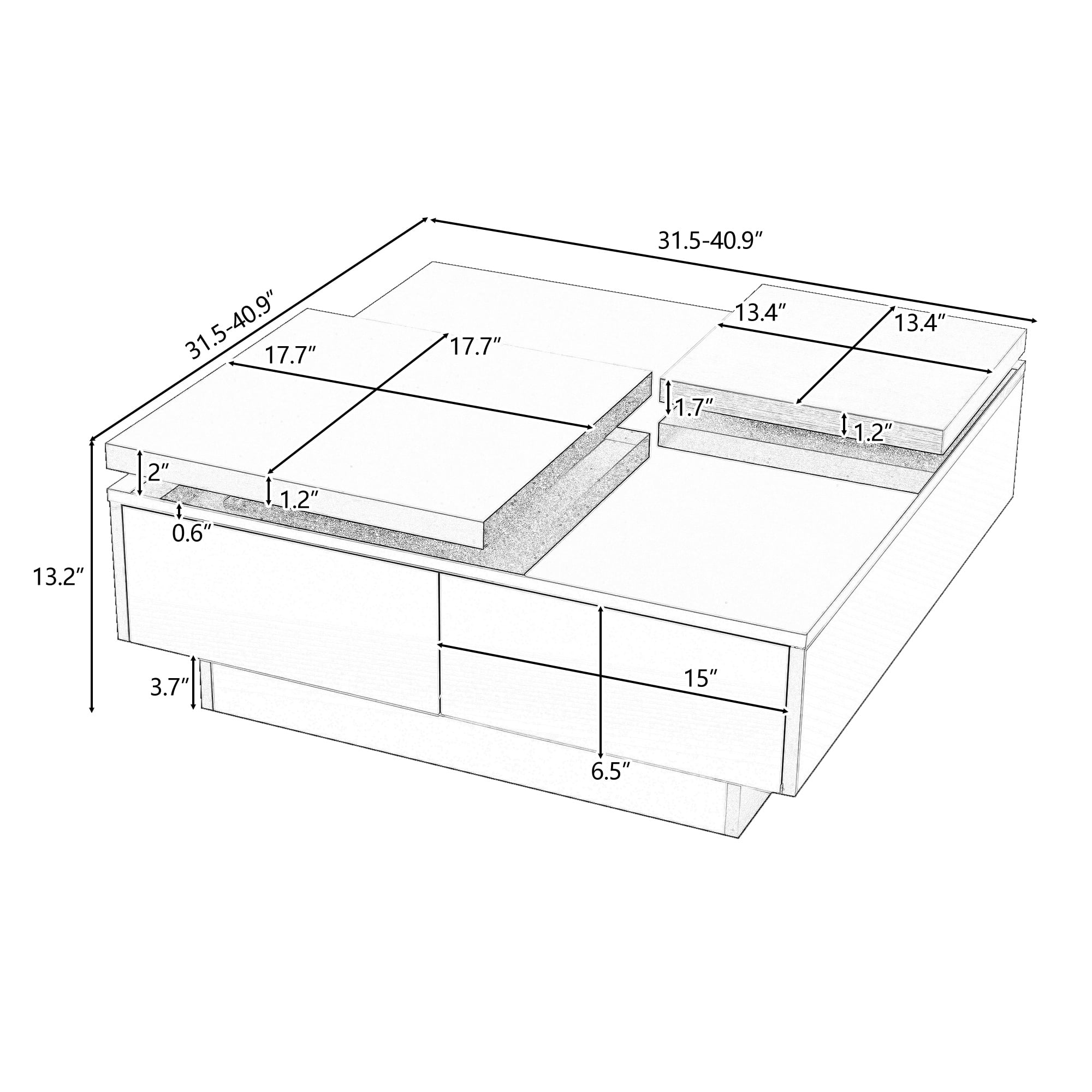 PORKISS Coffee Table, Wooden Coffee Table with Movable Top and High Gloss Finish, Freestanding Square Coffee Table with 4 Hidden Storage Drawers, Modern Cocktail Table for Living Room, White