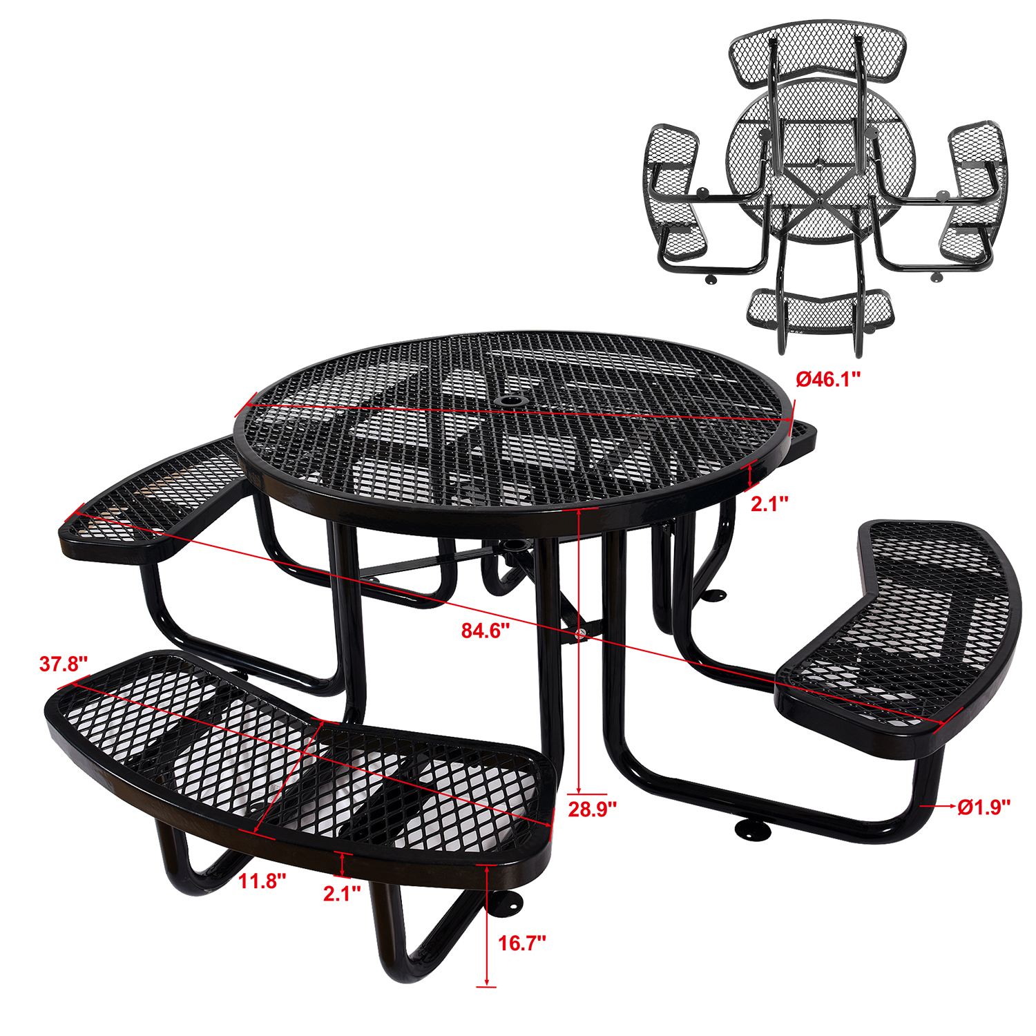 46" Steel Round Picnic Table, Expanded, Industrial Metal Outdoor Table Large Camping Picnic Tables for Backyard Poolside Dining Party Garden Patio Lawn Deck (Black) - image 4 of 7