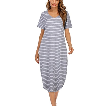 

Women s Long Nightdress Sleepwear V Neck Ankle-Length Nightgown With 2 Pockets Short Sleeve Sleep Shirt Soft Casual Loose Pajamas Nightshirt Plus Size Loungewear Gray Strip S-3XL