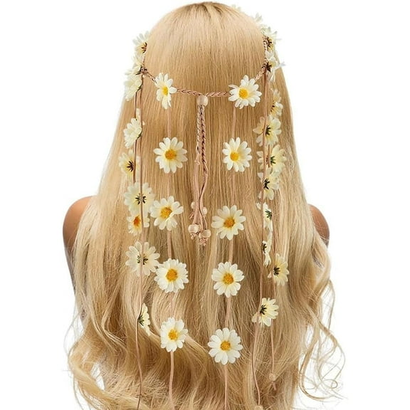 2Pcs Cloth Sunflower Hippie Headband Floral Crown Wedding Party Beach Bridal Decorative Hair Accessories Light Yellow 652mm Inner Diameter: 150~170mm