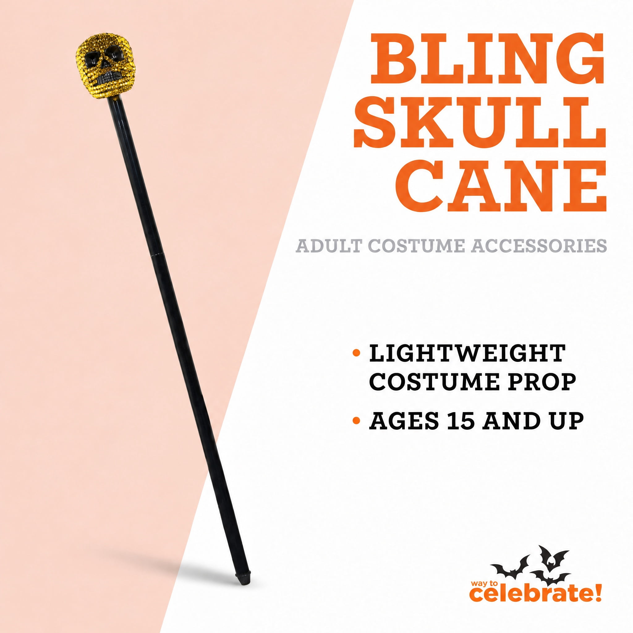 Bling Skull Cane Costume Accessory for Adults, Black and Gold, Halloween by Way To Celebrate