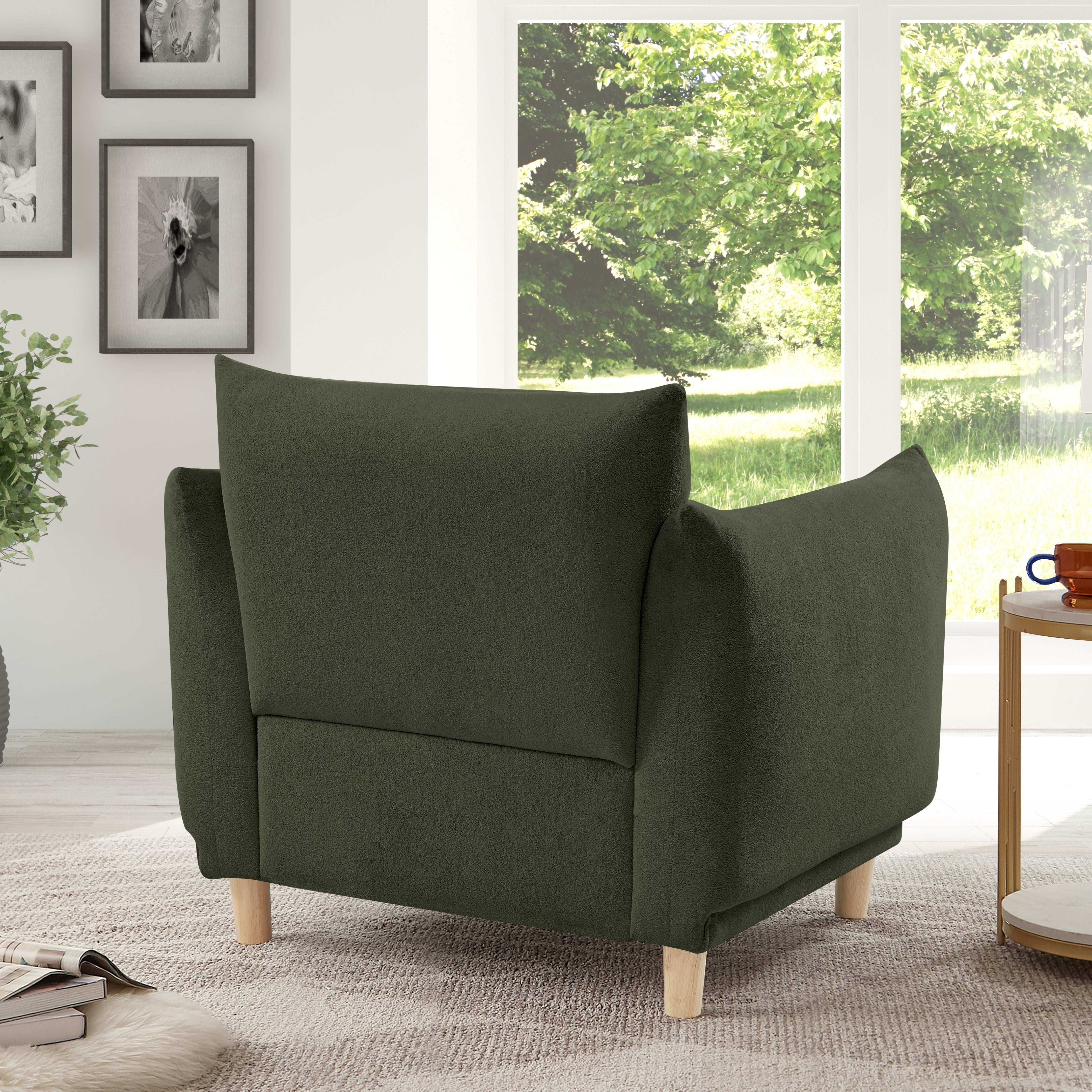Oversize Accent Chairs for Living Room,Comfy Towelling Fabric Upholstered Armchair,Mid Century Modern Reading Arm Chair Single Sofa Chair with Wood Legs for Living Room Bedroom Playroom,Dark Green