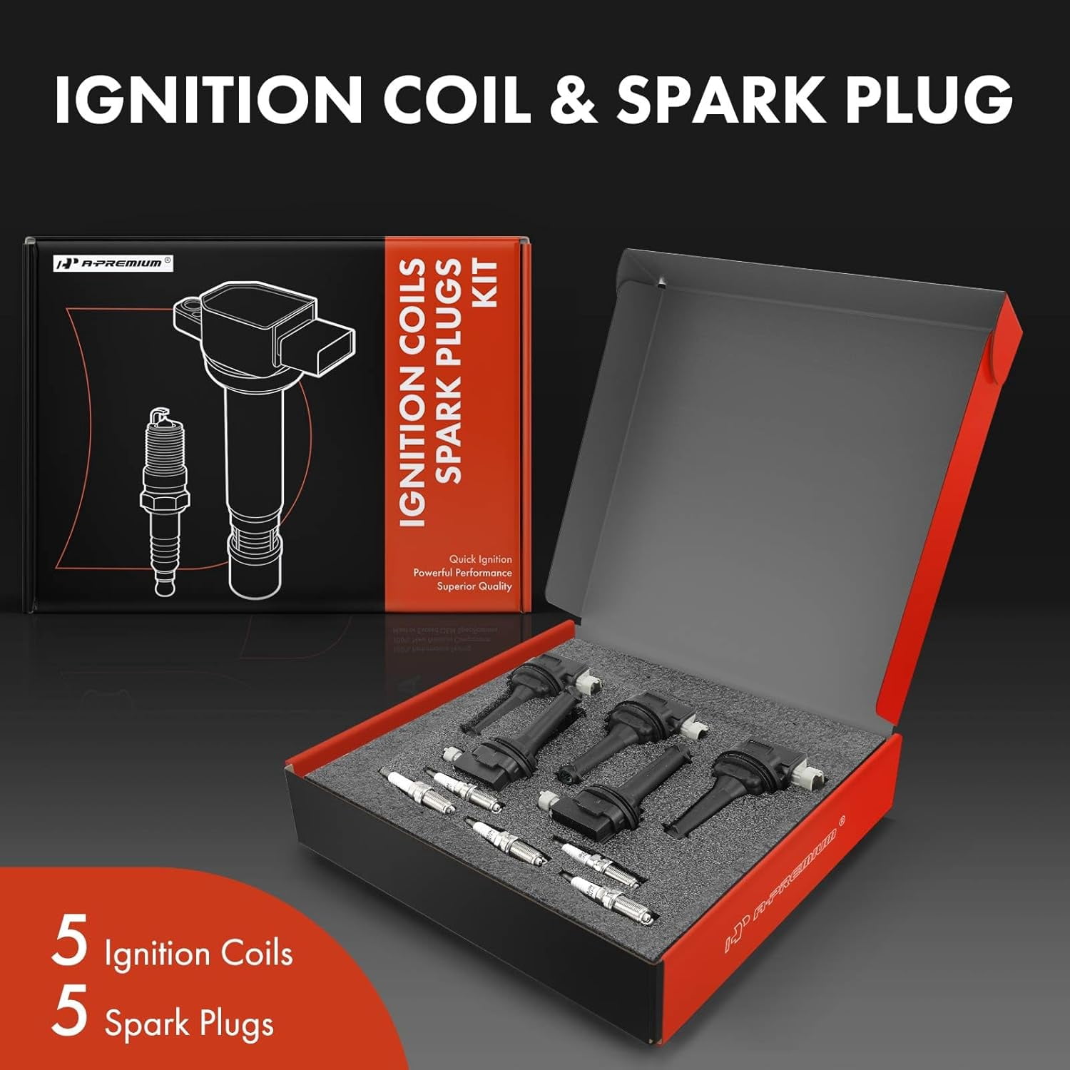 A-Premium Set of 5 Ignition Coil Pack and Iridium Spark Plugs Compatible with Volvo S60 2012 2.5L, C30 2007-2010 2.4L, S40 2004-2010 2.4L, V50 2005-2010 2.4L, Replace# 86778370, NGK6619