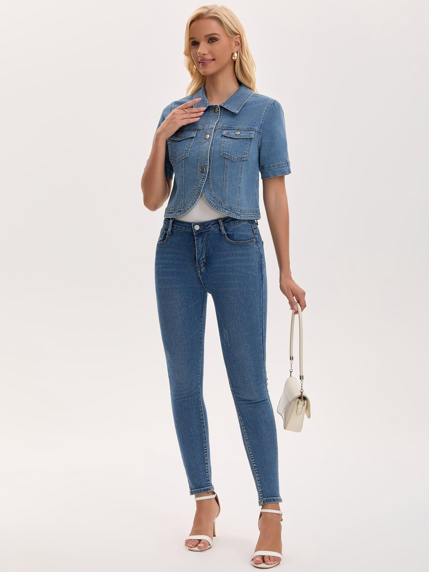 DARING DIVA Women's Short Sleeve Button Down Denim Jackets with Pockets L Light Blue