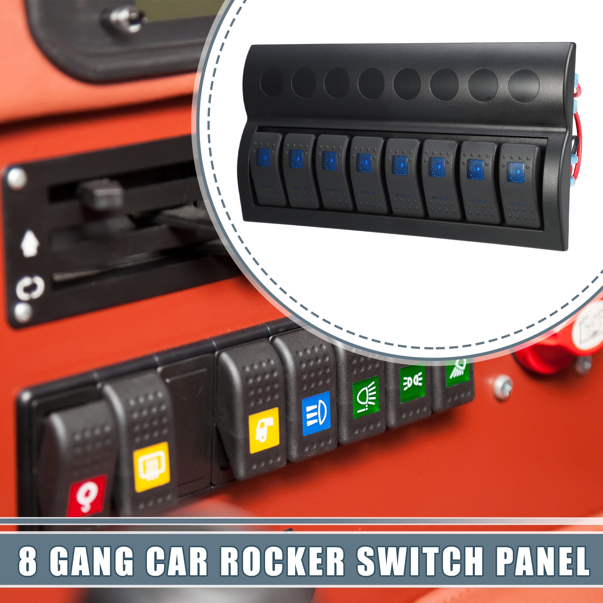 8 Gang Auto Rocker Switch Panel Waterproof 5 Pin Toggle Switch Control Blue LED Light Push Button Black
