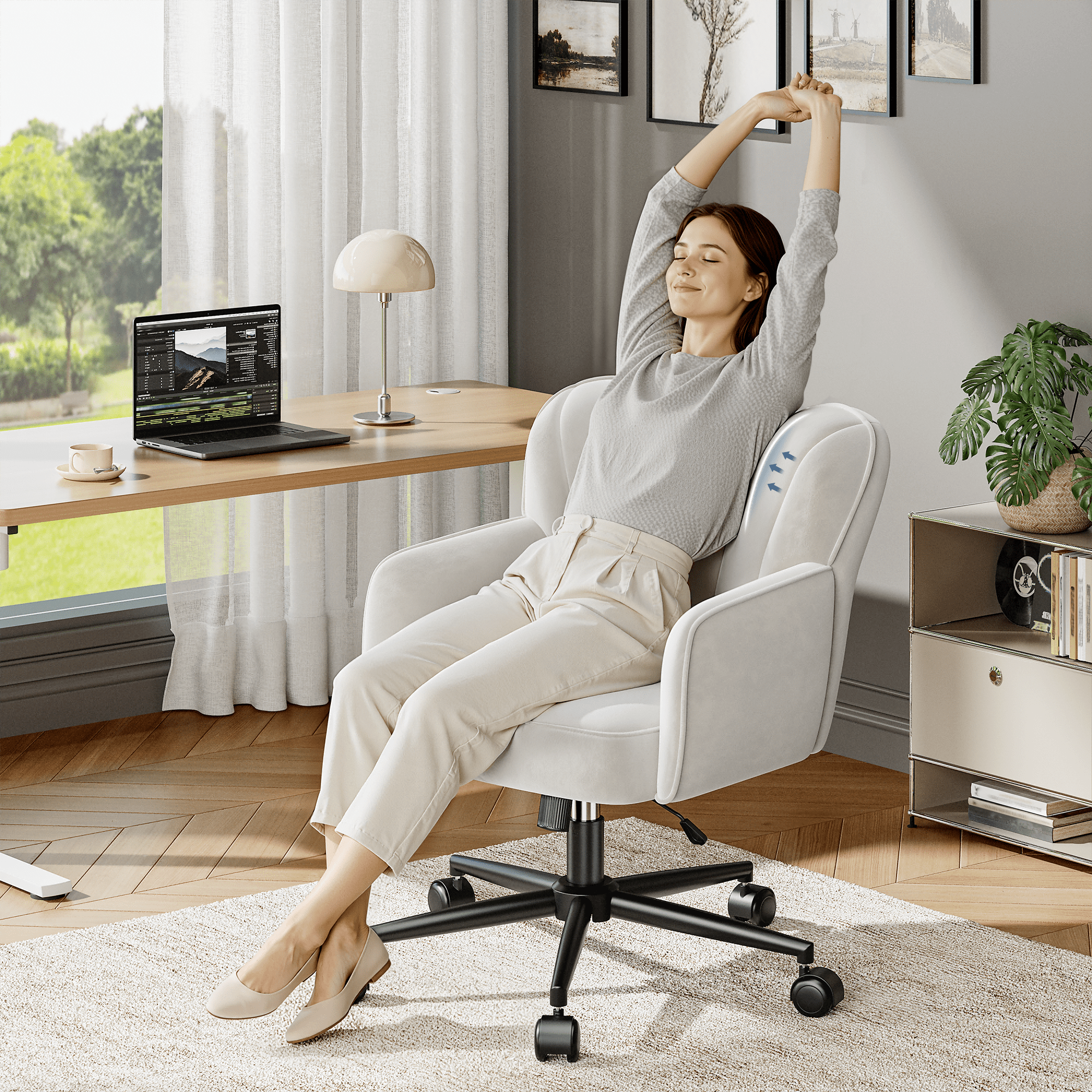 Romorgniz Vanity Chair with Wheels & Back Desk Chair Adjustable Height for Makeup, Work & Relaxation, White