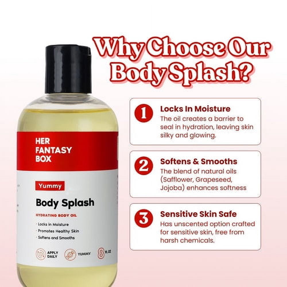 Her Fantasy Box Body Splash Hydrating Body Oil (Yummy) - Moisturizing, Non-Greasy Formula for Soft, Smooth Skin - All-Natural, Lightweight & Nourishing