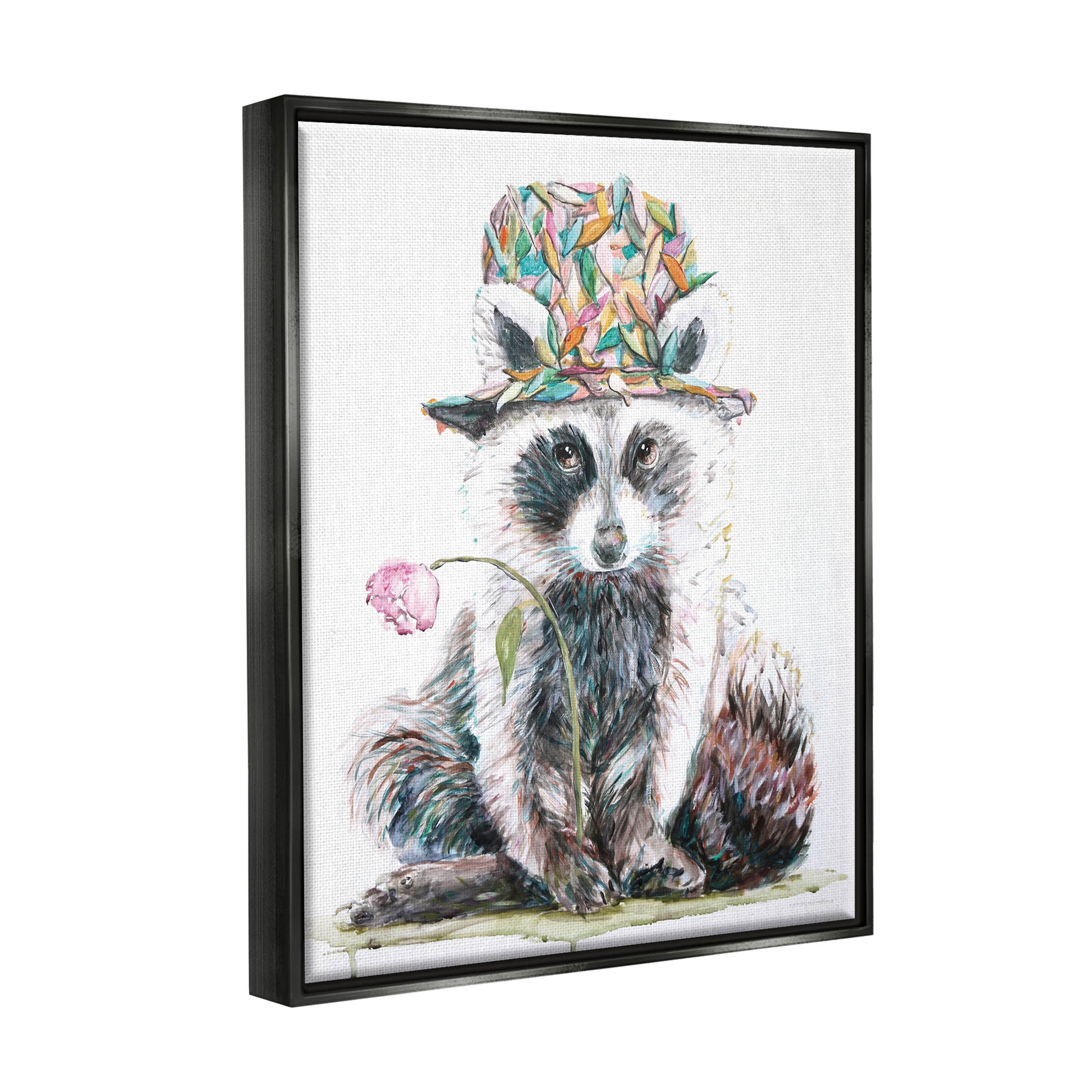 Raccoon Pink Blossom Hat Animals & Insects Graphic Art Jet Black Framed Art Print Wall Art
