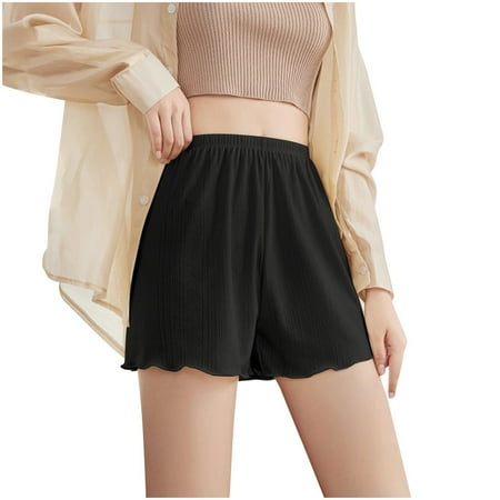 Wyobmus Womens Pettipants Satin Slip Shorts Lace Edge Under Dresses Panties Soft Silk Half Slips Elastic Waistband Culottes B-Black