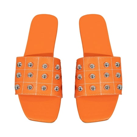 

Women s Open Toe Flat Sandals Rivets Slides Shoes Casual Slippers Summer Beach Square Toe Slip on Slipper Sandal