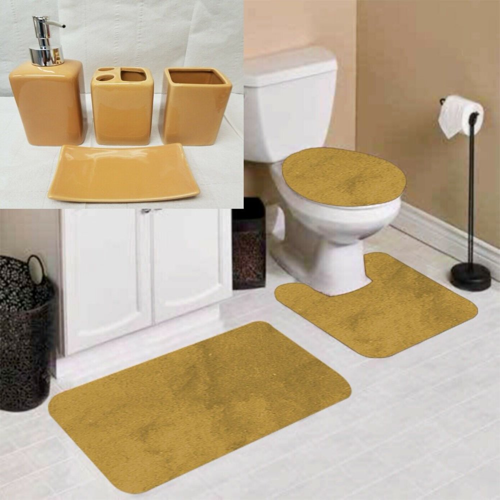 7PC SOLID NON SLIP SOFT BATH/RUG/4PC CERAMIC ACCESSORIES SET FOR